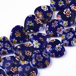 Arricraft Handmade Millefiori Lampwork Beads Strands, Heart, Blue, 11~12x12x4~5mm, Hole: 1mm, about 32~33pcs/strand, 12.72 inch~13.78 inch(32.3~35cm)