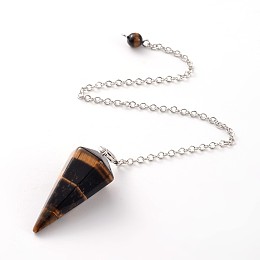 Honeyhandy Platinum Tone Brass Tiger Eye Cone Hexagonal Pointed Dowsing Pendulums, with Lobster Claw Clasps, 230x3mm