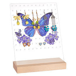 PandaHall Elite Transparent Acrylic Earring Displays, Earring Stud Organizer Holder with Wooden Pedestal, Rectangle, Blue, Butterfly Pattern, Finish Product: 18.1x20x26cm, about 2pcs/set