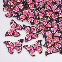 Honeyhandy Printed Alloy Pendants, with Enamel, Butterfly, Light Gold, Deep Pink, 15.5x22x2mm, Hole: 1.8mm