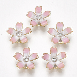 Honeyhandy Alloy Charms, with Enamel and Rhinestone, Sakura, Crystal, Light Gold, Pink, 14x15x3mm, Hole: 1.2mm