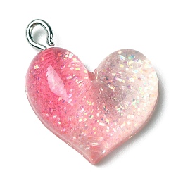 Honeyhandy Gradient Color Transparent Resin Pendants, Glitter Heart Charms, with Platinum Plated Iron Loops, Hot Pink, 21x19.5x6mm, Hole: 3x2mm