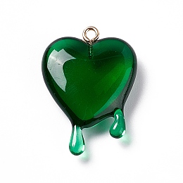 Honeyhandy Transparent Resin Pendants, with Light Gold Iron Loops, Melting Heart Charms, Green, 30~30.5x21~21.5x7mm, Hole: 1.6mm