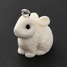 Honeyhandy Opaque Resin Pendants, 3D, Rabbit Charm, with Platinum Tone Iron Loops, White, 21x12.5x22mm, Hole: 2mm