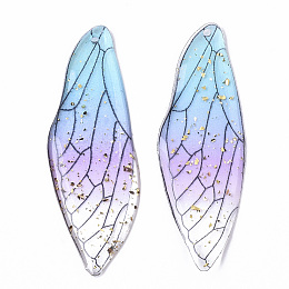 Honeyhandy Transparent Epoxy Resin Big Pendants, with Gold Foil, Insects Wing, Light Sky Blue, 51x16.5x1~2.5mm, Hole: 1.2mm