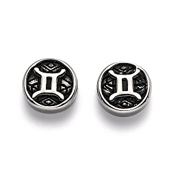 Honeyhandy 304 Stainless Steel Beads, Flat Round with Twelve Constellations, Antique Silver, Gemini, 10x4mm, Hole: 1.8mm