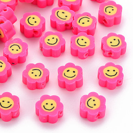 Honeyhandy Handmade Polymer Clay Beads, Flower with Smiling Face, Deep Pink, 9~10x8~9x4~5mm, Hole: 1.4~1.6mm