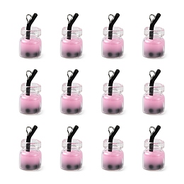 Honeyhandy Glass Bottle Pendants, with Resin Inside and Iron Findings, Imitation Bubble Tea/Boba Milk Tea, Pink, 20~25x11~14x11mm, Hole: 1.8mm