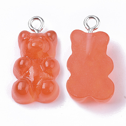 Honeyhandy Resin Pendants, with Platinum Tone Iron Loop, Imitation Food, Bear, Coral, 20.5~22.5x11.5x7mm, Hole: 2mm