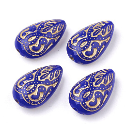 Honeyhandy Teardrop Plating Acrylic Beads, Golden Metal Enlaced, Blue, 18x11.5x7.5mm, Hole: 1.5mm