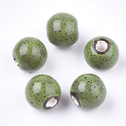 Honeyhandy Handmade Porcelain Beads, Fancy Antique Glazed Porcelain, Round, Yellow Green, 10.5~11x9.5mm, Hole: 2.5mm