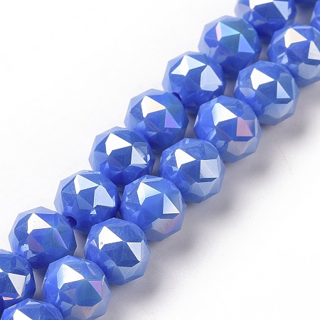 Electroplate Opaque Glass Beads Strands, AB Color Plated, Faceted, Round, Royal Blue, 8x7.5mm, Hole: 1.5mm, about 71~72pcs/strand, 20.87''(53cm)