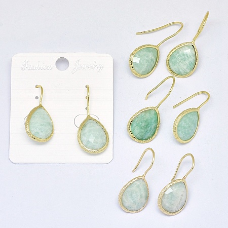 Honeyhandy Natural Amazonite Dangle Earrings, with Golden Tone Brass Findings, teardrop, 25.5~32x13.5x5mm, Pin: 0.8mm
