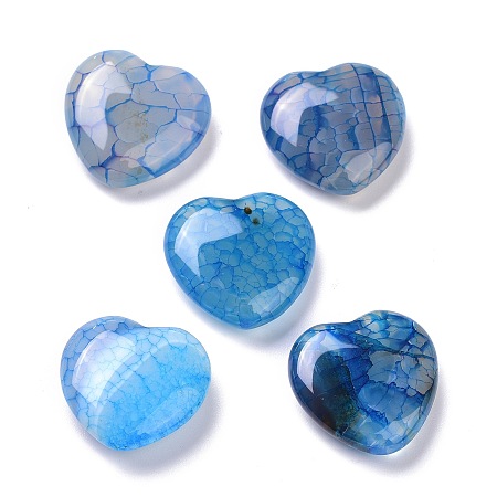 Arricraft Natural Agate Beads, Dyed, No Hole, for Wire Wrapped Pendant Making, Heart, Dragon Veins Pattern, Dodger Blue, 18~19.5x19~20x6~7mm