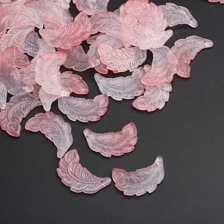 ARRICRAFT Glass Pendants, Double Engraving, Leaf, Pink, 25.5x17x3mm, Hole: 1mm