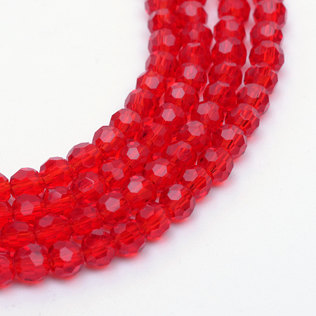 Honeyhandy Transparent Glass Bead Strands, Faceted Round, Red, 6mm, Hole: 1mm, about 100pcs/strand, 24 inch