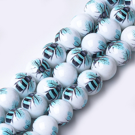 Arricraft Printed & Spray Painted Glass Beads, Round with Bee Pattern, Cyan, 12~12.5x11.5mm, Hole: 1.4mm
