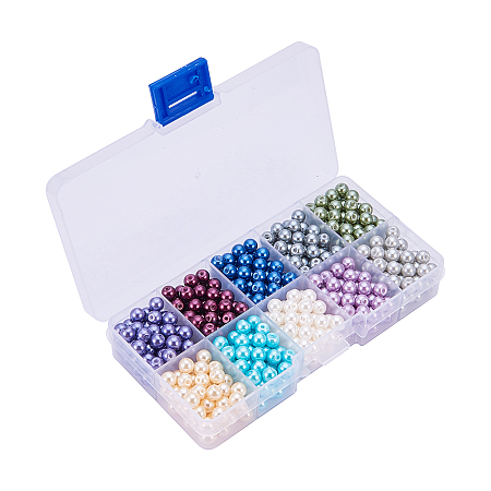 Honeyhandy 10 Color Eco-Friendly Glass Pearl Beads,Pearlized, Round, Dyed, Mixed Color, 6mm, Hole: 1.2~1.5mm, about 60pcs/compartment, 600pcs/box