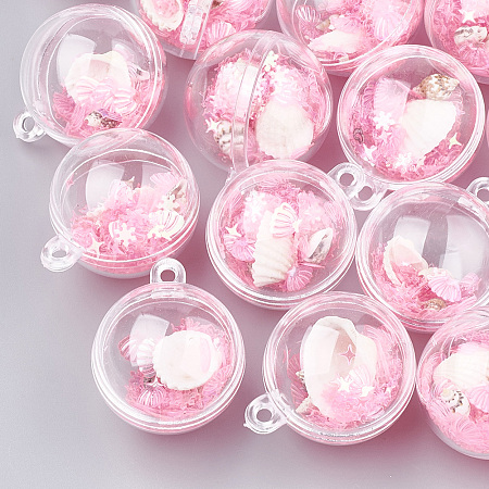Plastic Ball Pendants, with Shell and Sequins, Round, Hot Pink, 36x30x30mm, Hole: 3mm