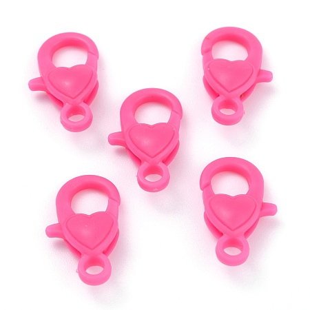 Honeyhandy Plastic Lobster Claw Clasps, Heart, Hot Pink, 22.5x13x6.5mm, Hole: 3mm