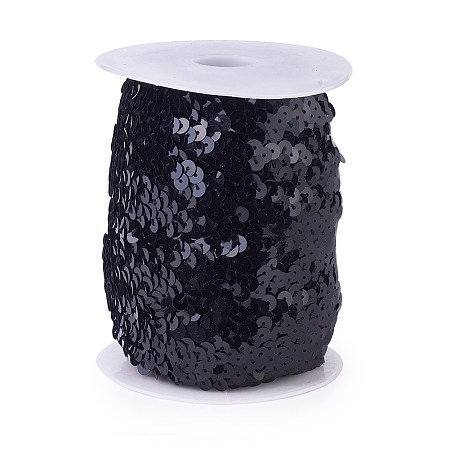 Olycraft Plastic Paillette Elastic Beads, Sequins Beads, Ornament Accessories, 3 Rows Paillette Roll, Flat Round, Black, 25x1.5mm; 10m/roll
