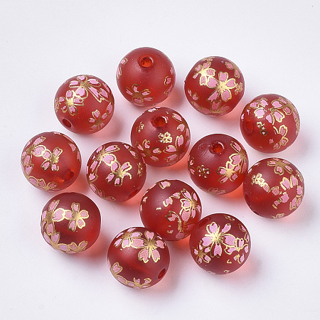 Printed Transparent Resin Beads, Frosted, Round with Sakura Flower Pattern, Red, 11.5x11mm, Hole: 2mm