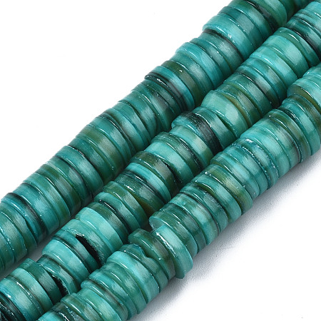 Honeyhandy Natural Freshwater Shell Beads Strands, Dyed, Heishi Beads, Flat Round/Disc, Light Sea Green, 8x1~2.5mm, Hole: 0.8mm, about 196~210pcs/strand, 15.16 inch~15.43 inch(38.5cm~39.2cm)