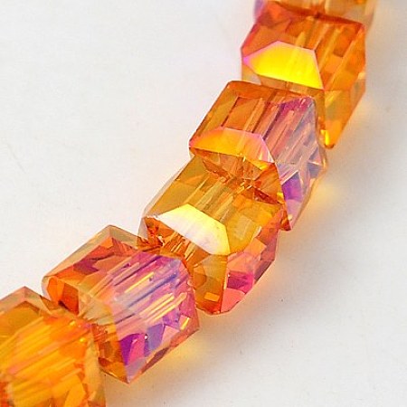 Electorplated Glass Beads, Rainbow Plated, Faceted, Cube, Dark Orange, 7x7x7mm, Hole: 1mm