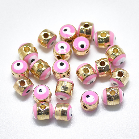 Honeyhandy Alloy Enamel Beads, Column with Evil Eye, Light Gold, Pink, 5.5x6x6mm, Hole: 1.4mm
