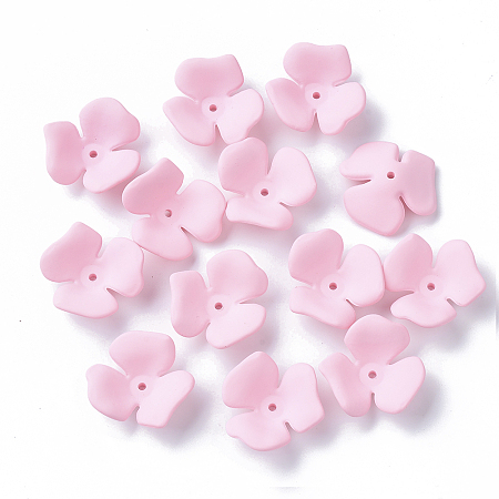 Honeyhandy 3-Petal Spray Painted Acrylic Bead Caps, Rubberized Style, Flower, Pink, 23x20~22x7mm, Hole: 1.6mm