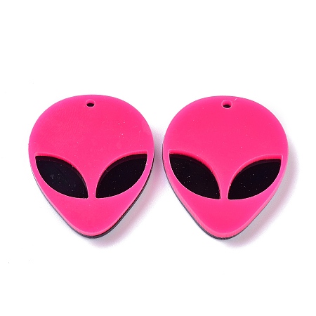 Honeyhandy Opaque Acrylic Pendants, Alien Face, Deep Pink, 35.5x29.5x4mm, Hole: 1.8mm