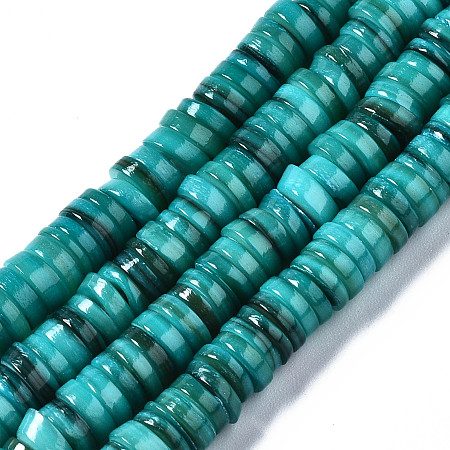 Natural Freshwater Shell Beads Strands, Dyed, Flat Round/Dics, Heishi Beads, Teal, 6x6x1~2.5mm, Hole: 1mm, about 201~208pcs/strand, 15.20~15.43 inch(38.6~39.2cm)
