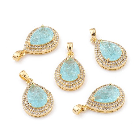 Honeyhandy Golden Plated Brass Micro Pave Clear Cubic Zirconia Pendants, with Glass, Long-Lasting Plated, with Snap on Bails, Teardrop, Pale Turquoise, 24.5x16x7.5mm, Hole: 3x5mm