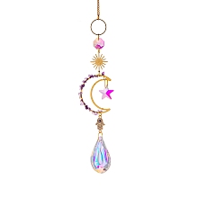 Honeyhandy Glass Teardrop/Star Prisms Suncatchers Hanging Ornaments, with Stainless Steel Moon and Gemstone Beads, for Home, Garden Decoration, Palm Pattern, No Size