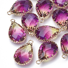 Honeyhandy K9 Glass Imitation Tourmaline Pendants, with Golden Tone Brass Findings, Faceted, Teardrop, Purple, 23x13.5~14x8mm, Hole: 2mm