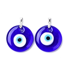 Honeyhandy Handmade Evil Eye Lampwork Pendants, Flat Round, Platinum, 40x7mm, Hole: 4x6mm