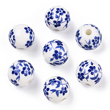 Honeyhandy Handmade Porcelain Beads, Blue and White Porcelain, Round with Flower, Blue, 12mm, Hole: 2mm