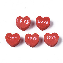 Honeyhandy Handmade Polymer Clay Beads, Heart with Word Love, FireBrick, 8~8.5x9~9.5x4.5mm, Hole: 1.8mm