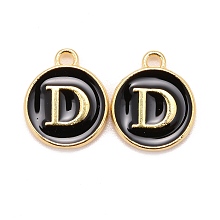 Honeyhandy Golden Plated Alloy Charms, Cadmium Free & Lead Free, with Enamel, Enamelled Sequins, Flat Round with Letter, Black, Letter.D, 14x12x2mm, Hole: 1.5mm