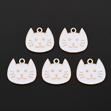 Honeyhandy Alloy Enamel Pendants, Cadmium Free & Lead Free, Light Gold, Cat, White, 16x17x1.5mm, Hole: 1.6mm