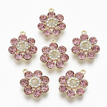 Honeyhandy Golden Plated Alloy Pendants, with Glass Rhinestone, Flower, Light Coral, 19x16x5mm, Hole: 1.2~1.5mm