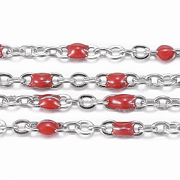 Honeyhandy 304 Stainless Steel Cable Chains, Soldered, with Spool, with Enamel, Oval, Stainless Steel Color, Crimson, Links: 2x1.5x0.5mm, about 32.8 Feet(10m)/roll