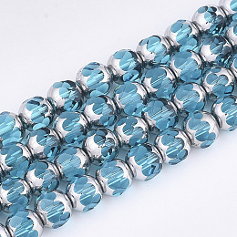 Honeyhandy Electroplate Glass Beads Strands, Half Silver Plated, Faceted, Round, Dark Turquoise, 8~8.5x7~8mm, Hole: 1mm, about 40pcs/strand, 11.8 inch