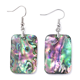 Honeyhandy Abalone Shell/Paua Shell Dangle Earrings, with Brass Ice Pick Pinch Bails and Earring Hooks, Rectangle, Platinum, 51mm, Pin: 0.7mm