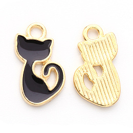 Honeyhandy Alloy Enamel Charms, Cat Shape, Light Gold, Black, 15x8x1.5mm, Hole: 1.6mm