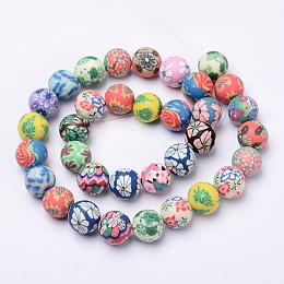 Honeyhandy Handmade Polymer Clay Beads, Round with Floral Pattern, Mixed Color, 12mm