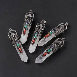 Honeyhandy Natural Quartz Crystal Big Pendants, 7 Chakra Faceted Bullet Charms, with Rack Plating Antique Silver Tone Alloy Crown Findings, Cadmium Free & Lead Free, 84x20x19.5mm, Hole: 8x5mm