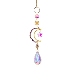 Honeyhandy Glass Teardrop/Star Prisms Suncatchers Hanging Ornaments, with Stainless Steel Moon and Gemstone Beads, for Home, Garden Decoration, Palm Pattern, No Size