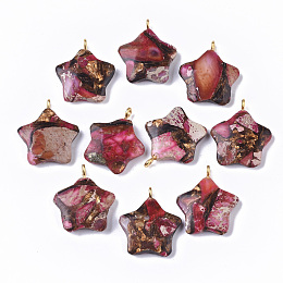 Honeyhandy Assembled Synthetic Imperial Jasper and Bronzite Pendants, with Golden Tone Iron Loop, Dyed, Star, Hot Pink, 23~24x21x5mm, Hole: 2mm