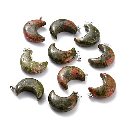 Honeyhandy Natural Unakite Pendants, with Platinum Brass Loops, Moon, 29x18~21x7~10mm, Hole: 6x3mm